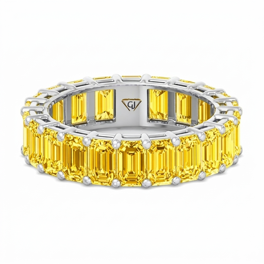 Emerald Shape Natural Fancy Yellow Diamond Eternity Band White Gold 14K
