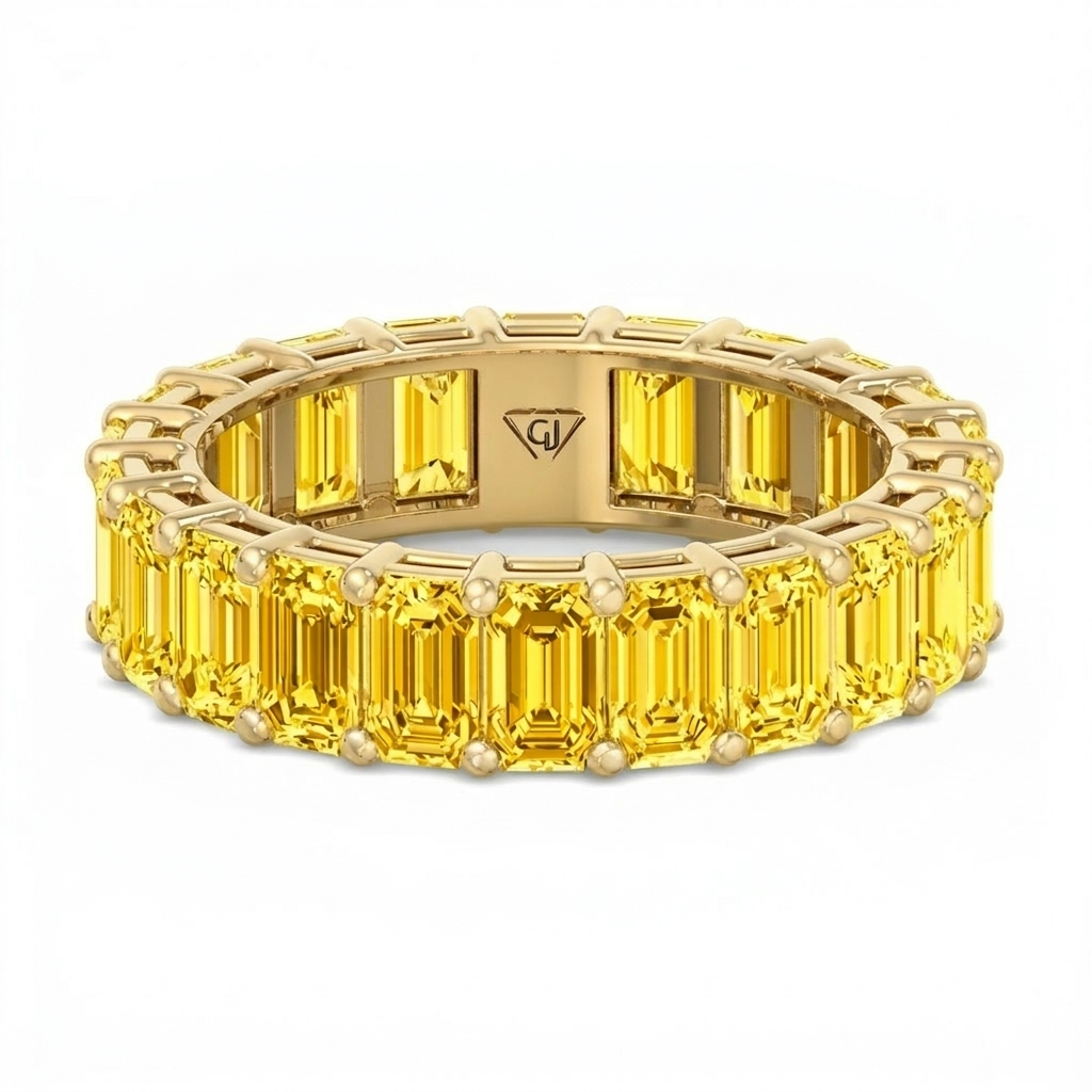 Emerald Shape Natural Fancy Yellow Diamond Eternity Band Yellow Gold 14K