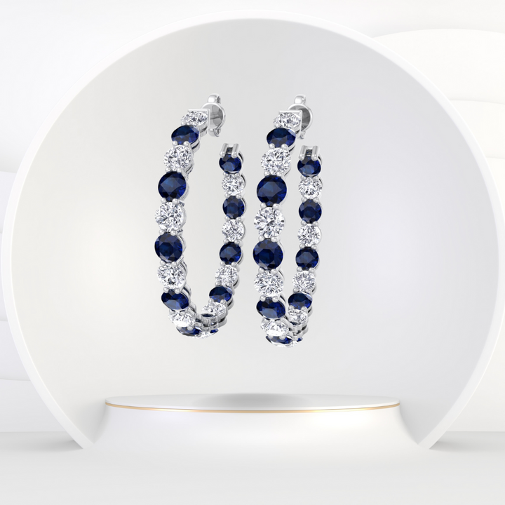 Alternating Natural Blue Sapphire and Diamond Inside Out Hoop Earrings