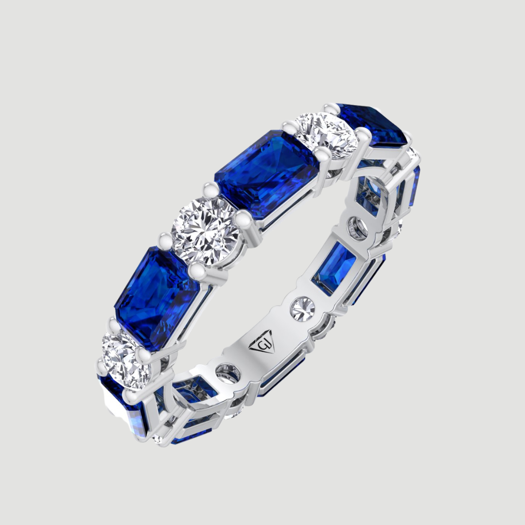 Alternating Natural Emerald Shape Blue Sapphire and Round Shape Diamond Eternity Band