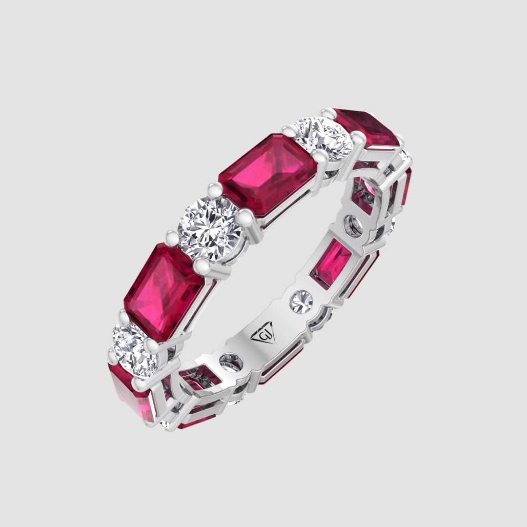 Alternating Natural Emerald Shape Red Ruby and Round Shape Diamond Eternity Band