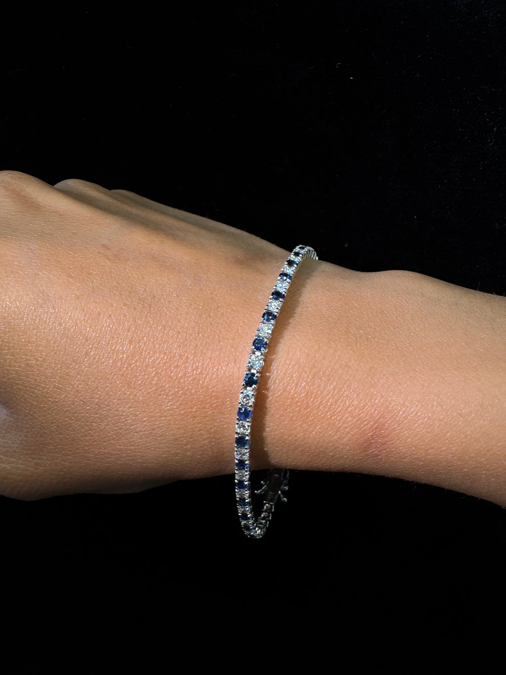 Alternating Natural Diamond & Sapphire Tennis Bracelet Gold on Hand