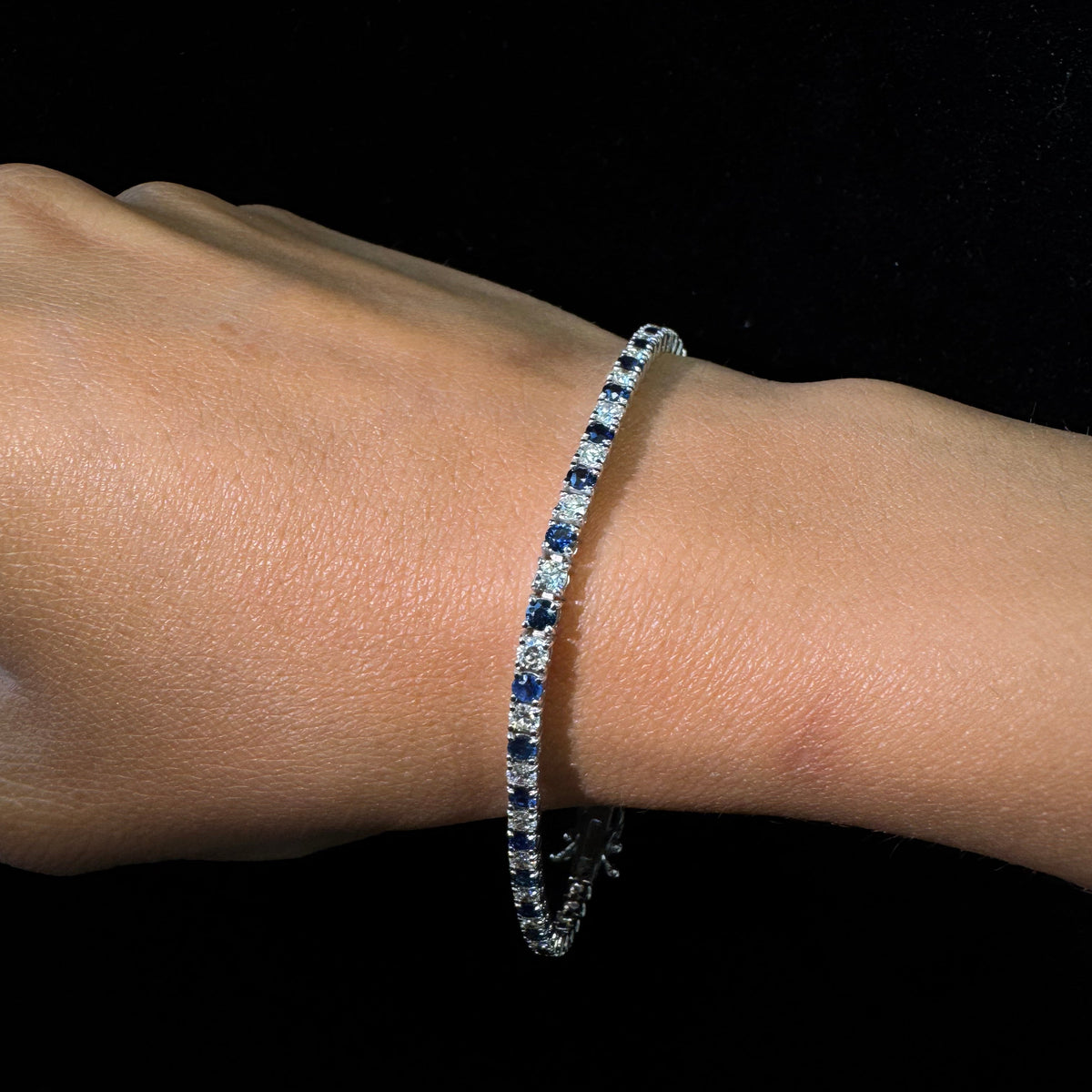 Alternating Natural Diamond & Sapphire Tennis Bracelet Gold on Hand