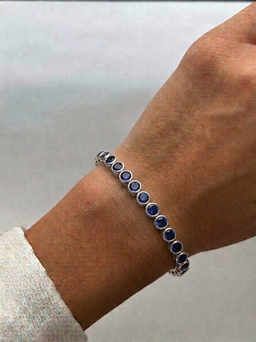 Natural Blue Sapphire Round Bezel Tennis Bracelet lifestyle WG