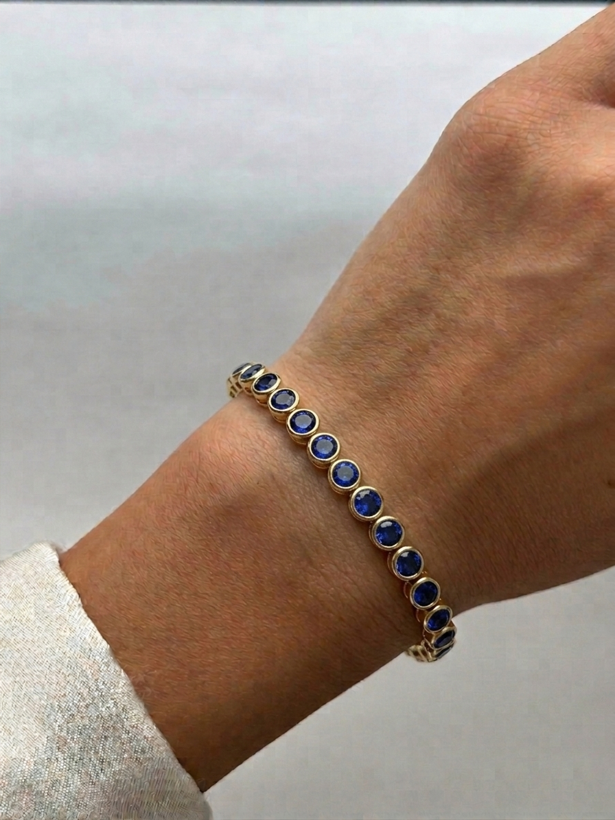 Natural Blue Sapphire Round Bezel Tennis Bracelet lifestyle YG