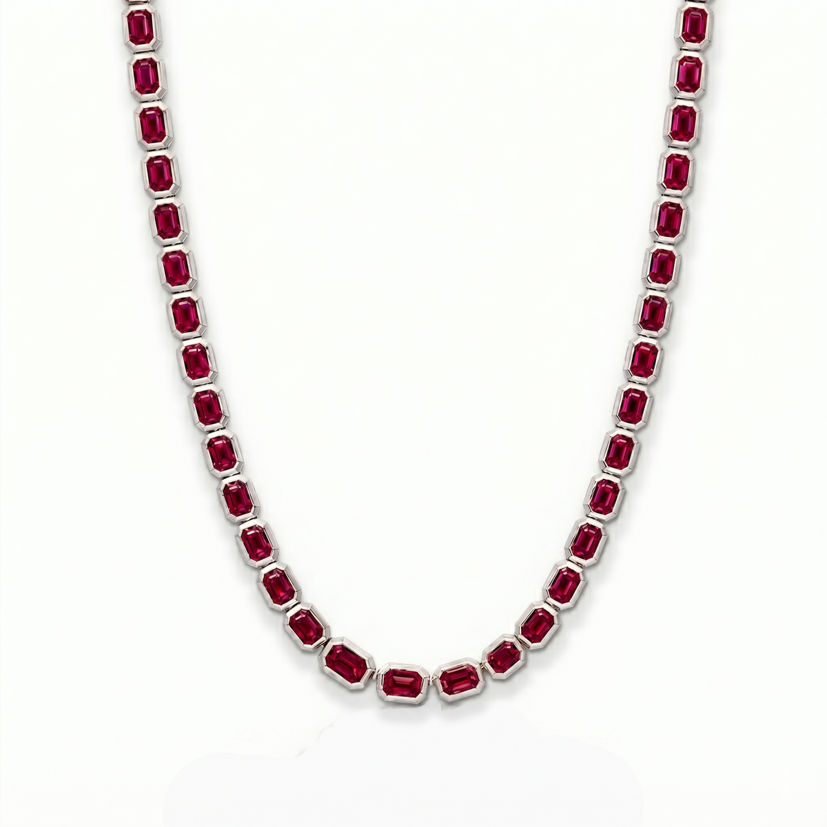 Bezel Set Emerald Shape Natural Red Ruby Tennis Necklace WG