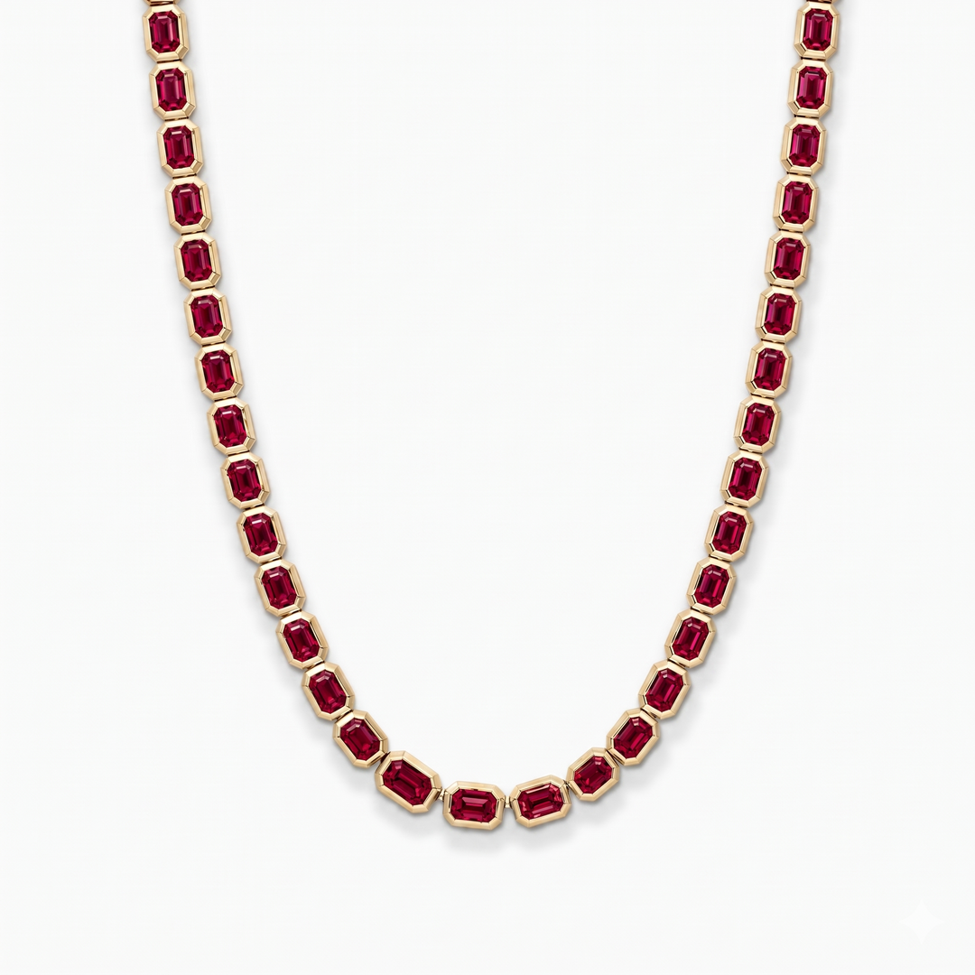 Bezel Set Emerald Shape Natural Red Ruby Tennis Necklace YG
