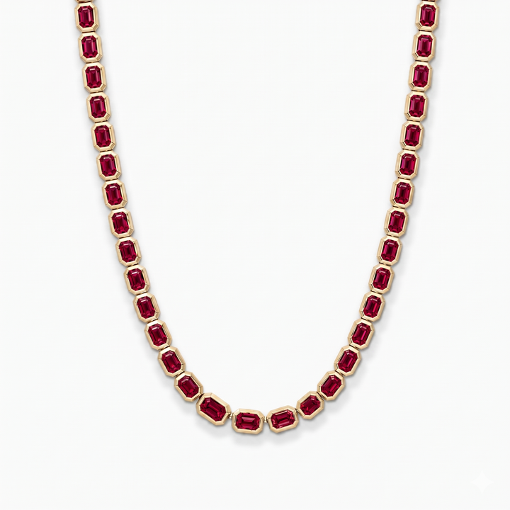 Bezel Set Emerald Shape Natural Red Ruby Tennis Necklace YG