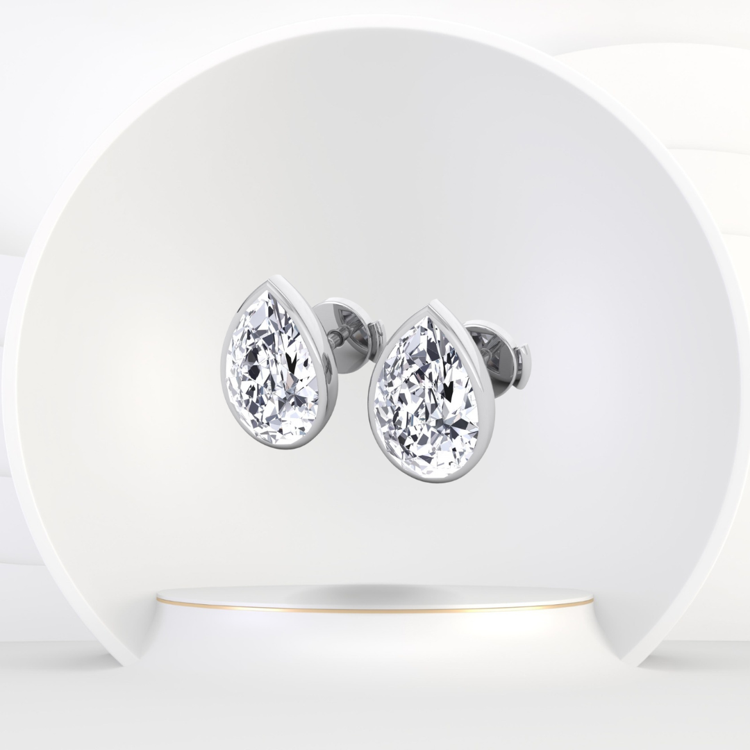 Bezel Set Pear Shape Natural Diamond Studs-14K-18K-0.5CT-1CT-2CT