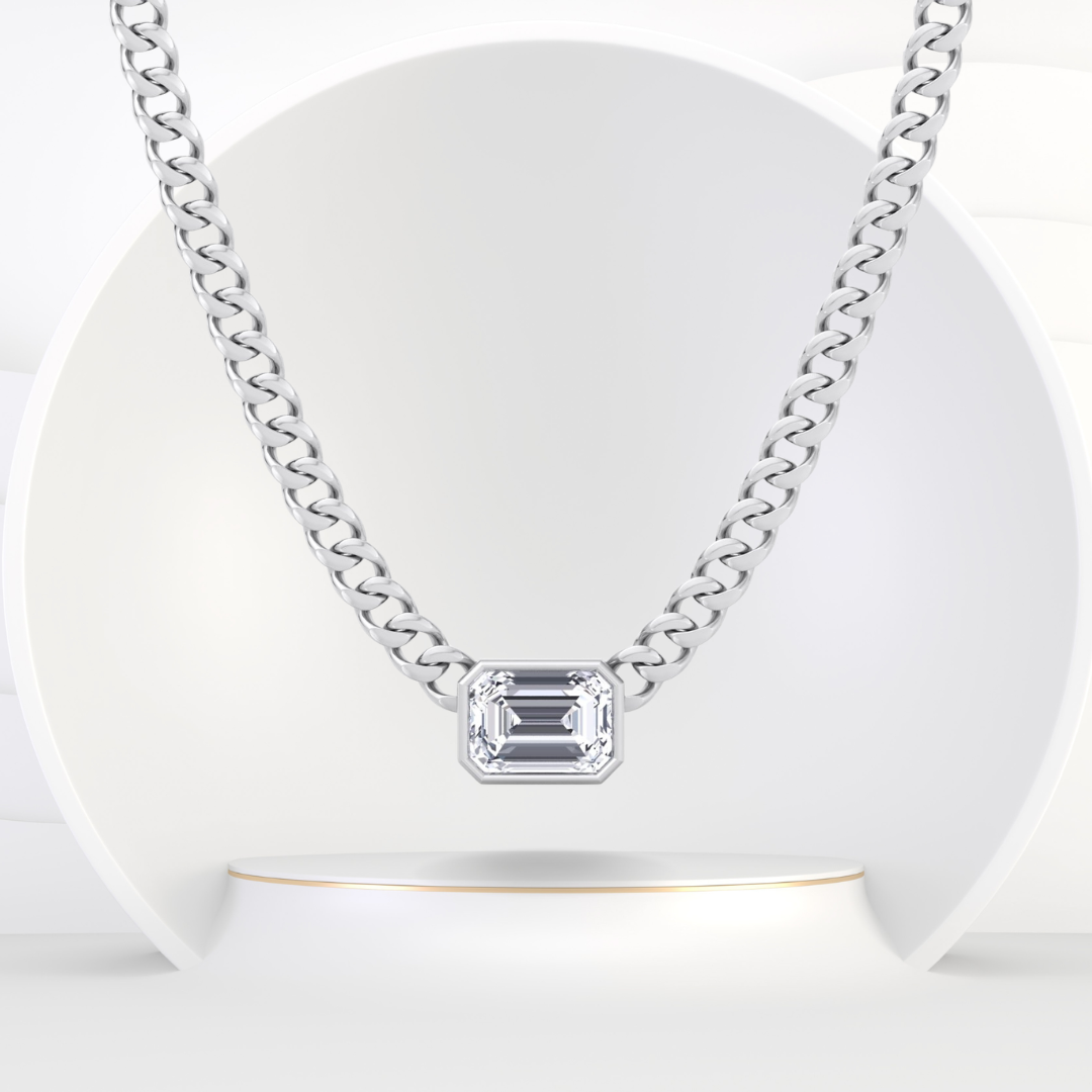 Bezel Set Emerald Cut Natural Diamond Cuban Chain Necklace