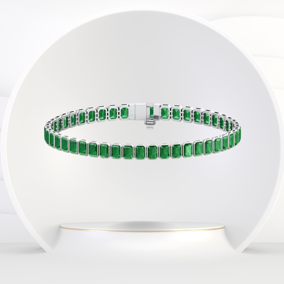 Bezel Set Emerald Cut Natural Green Emerald Tennis Bracelet