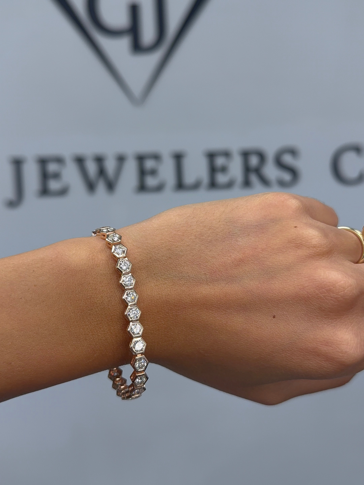 Bezel Set Natural Diamond Honeycomb Tennis Bracelet 14K Solid Gold