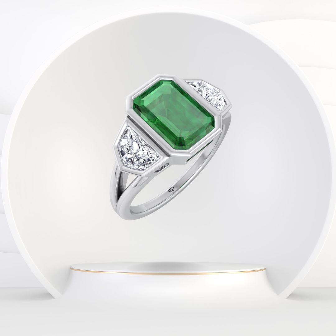 Bezel Set Natural Emerald Shape Green Emerald with Half Moon Diamond Sidestones Engagement Ring