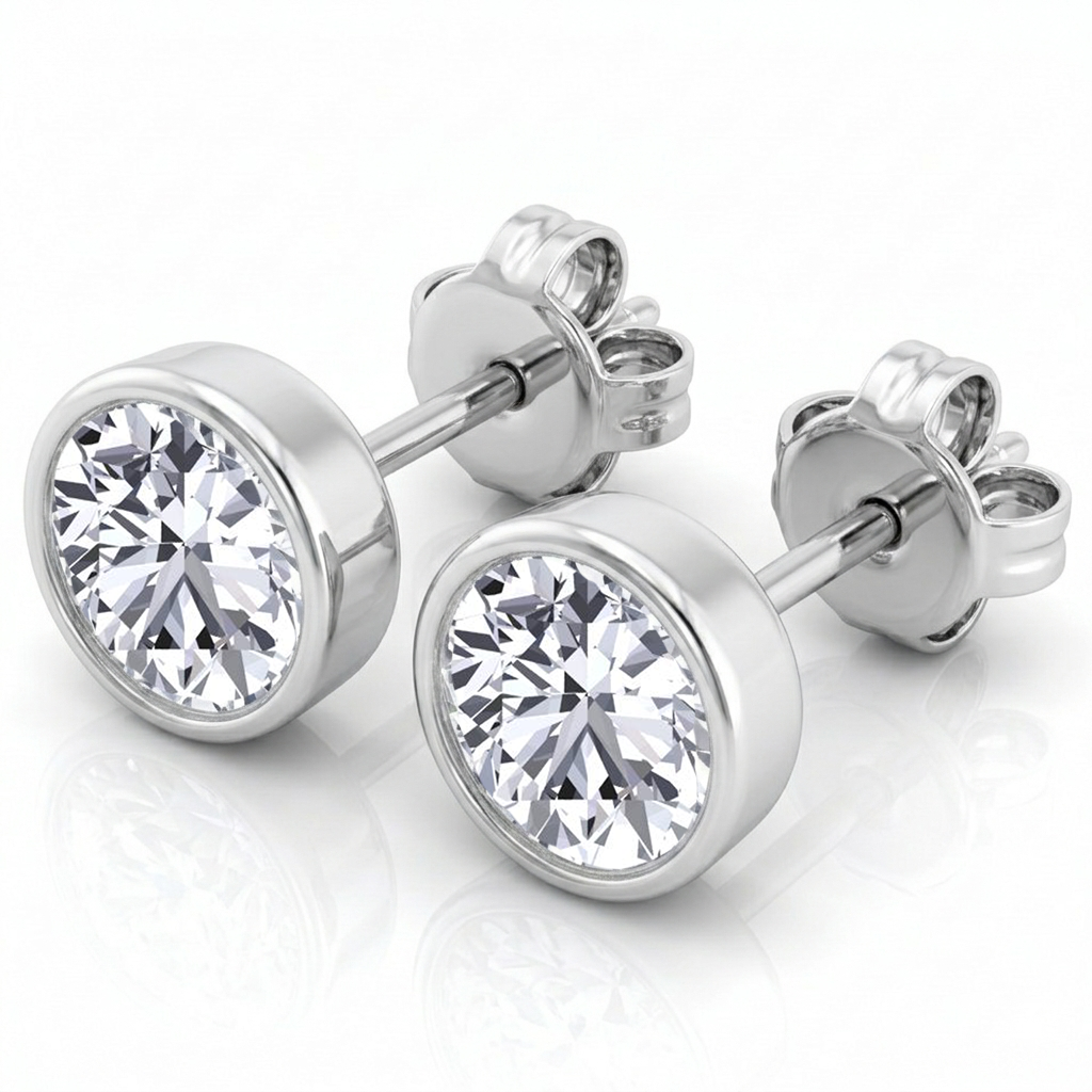 Bezel Set Round Cut Natural Diamond Studs WG 2