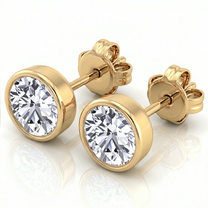 Bezel Set Round Cut Natural Diamond Studs YG