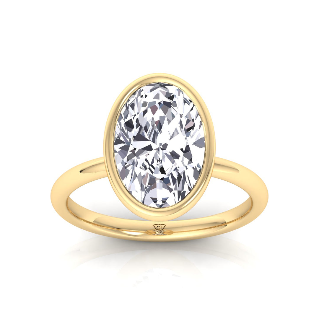 Bezel Oval Natural Diamond Solitaire Engagement Ring, Yellow Gold