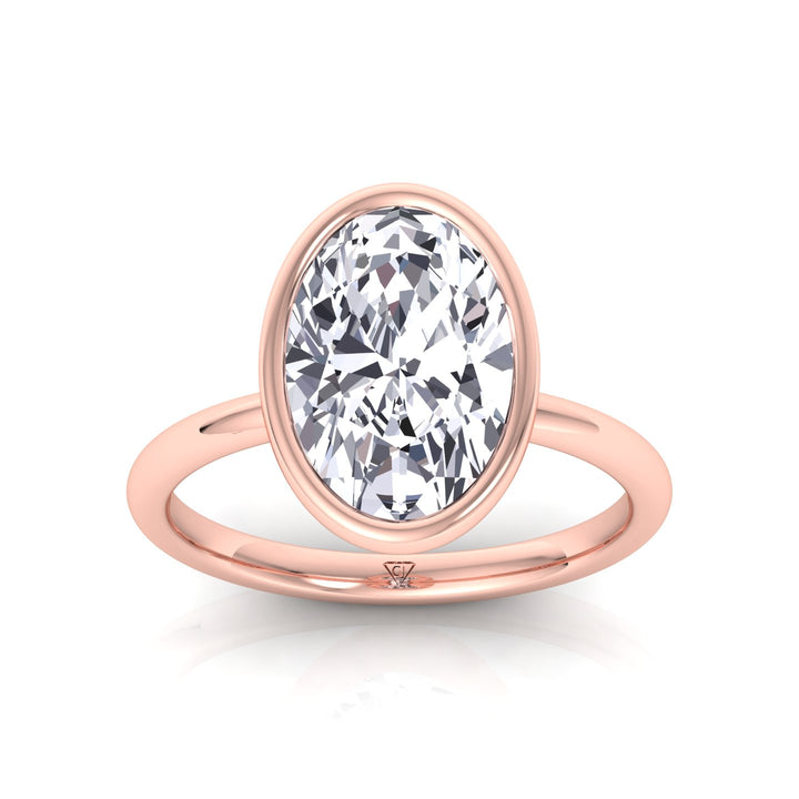 Bezel Set Oval Shape Natural Diamond Solitaire Engagement Ring, Rose Gold