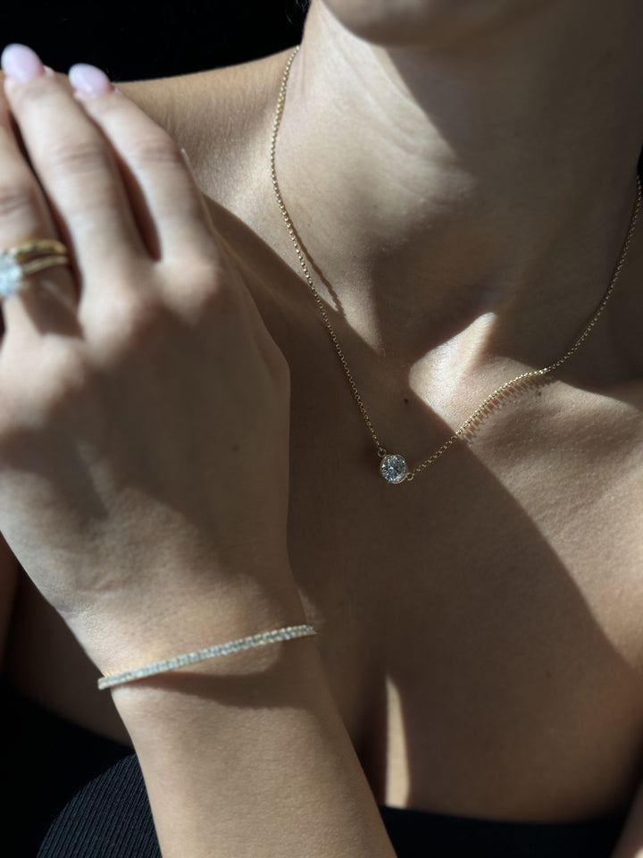 Bezel Set Round Diamond Pendant,Yellow Gold on Neck