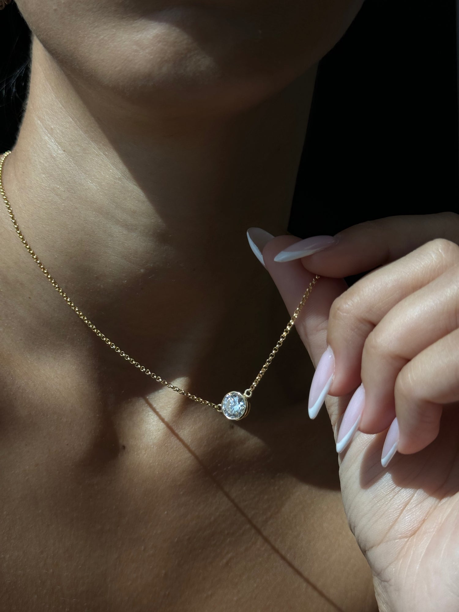 Bezel Set Round Diamond Pendant,Yellow on Neck
