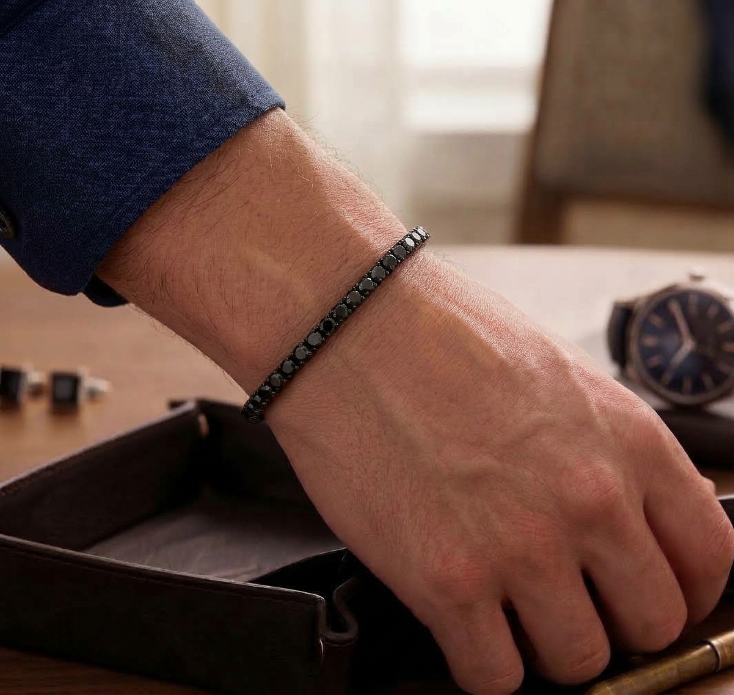 Men’s Natural Black Diamond Tennis Bracelet In Black Rhodium