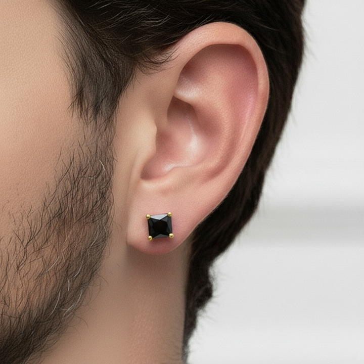 Natural Black Diamond Princess Cut Studs Yellow Gold