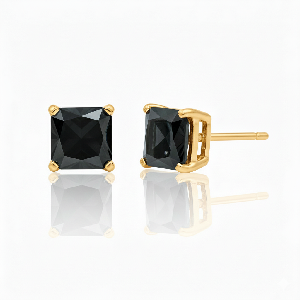 Natural Black Diamond Princess Cut Studs Yellow Gold 14K