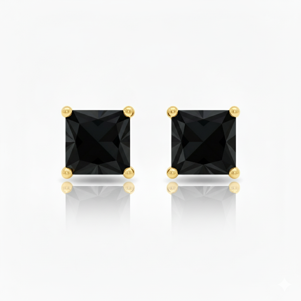 Natural Black Diamond Princess Cut Studs Yellow Gold 18K