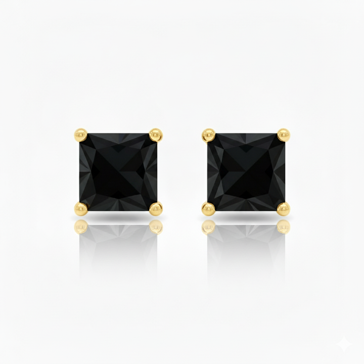 Natural Black Diamond Princess Cut Studs Yellow Gold 18K