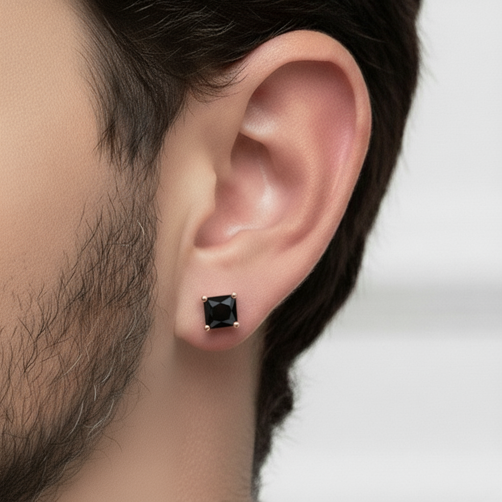 Natural Black Diamond Princess Cut Studs Rose Gold