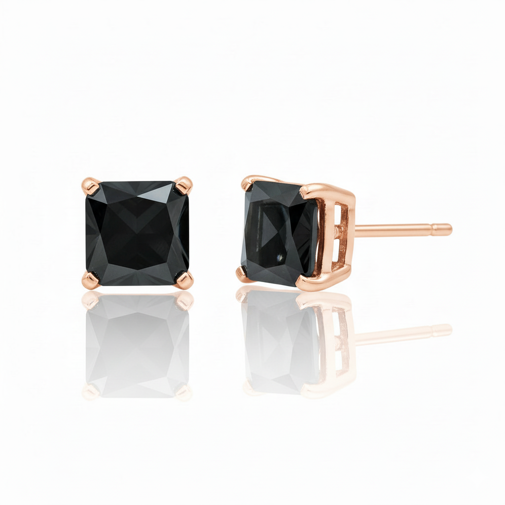Natural Black Diamond Princess Cut Studs Rose Gold 14K