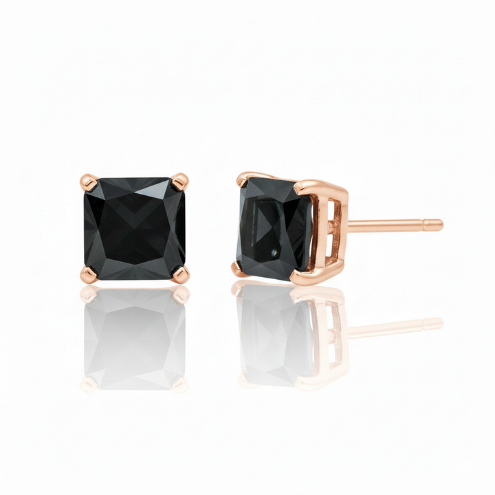 Natural Black Diamond Princess Cut Studs Rose Gold 14K