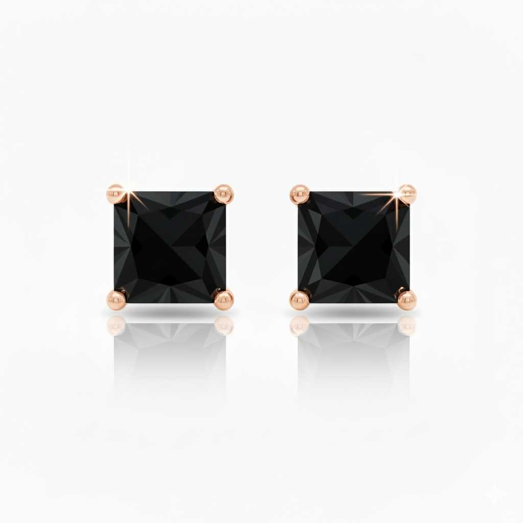 Natural Black Diamond Princess Cut Studs Rose Gold 18K