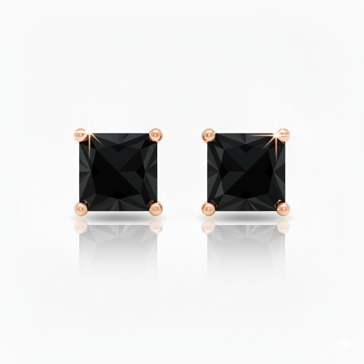 Natural Black Diamond Princess Cut Studs Rose Gold 18K