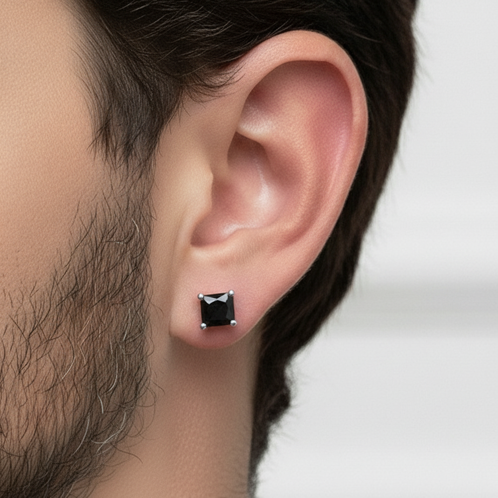 Natural Black Diamond Princess Cut Studs White Gold