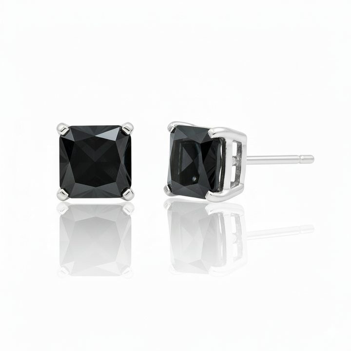 Natural Black Diamond Princess Cut Studs White Gold 14K