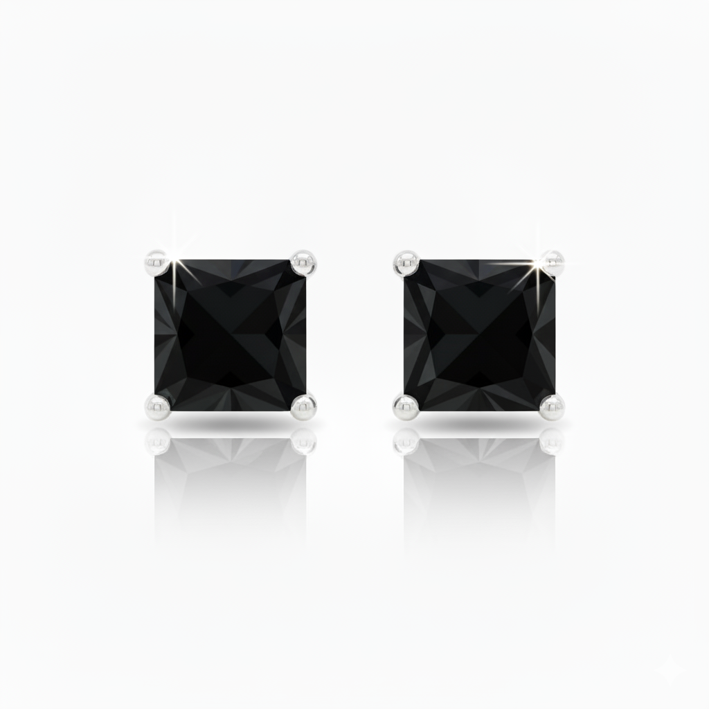 Natural Black Diamond Princess Cut Studs White Gold 18K