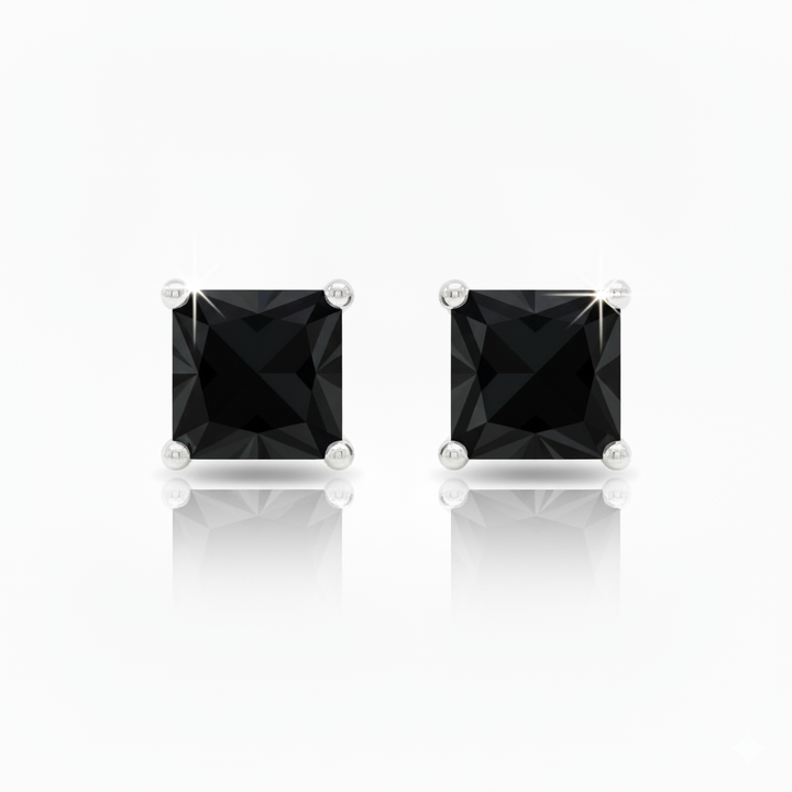 Natural Black Diamond Princess Cut Studs White Gold 18K