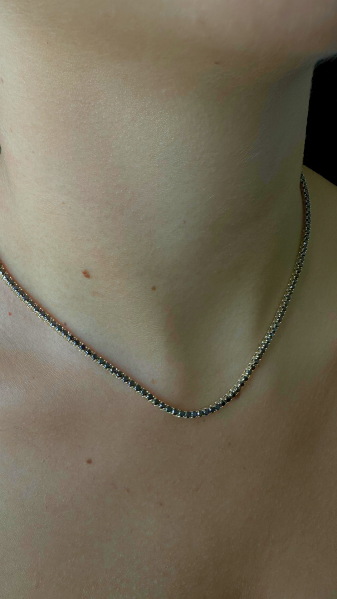 Black Diamond Tennis Necklace 4-Prong-14K Gold, Model Wearing