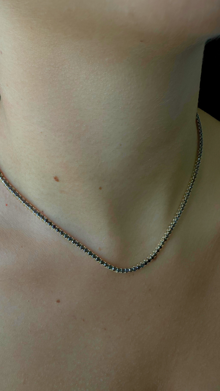 Black Diamond Tennis Necklace 4-Prong-14K Gold, Model Wearing