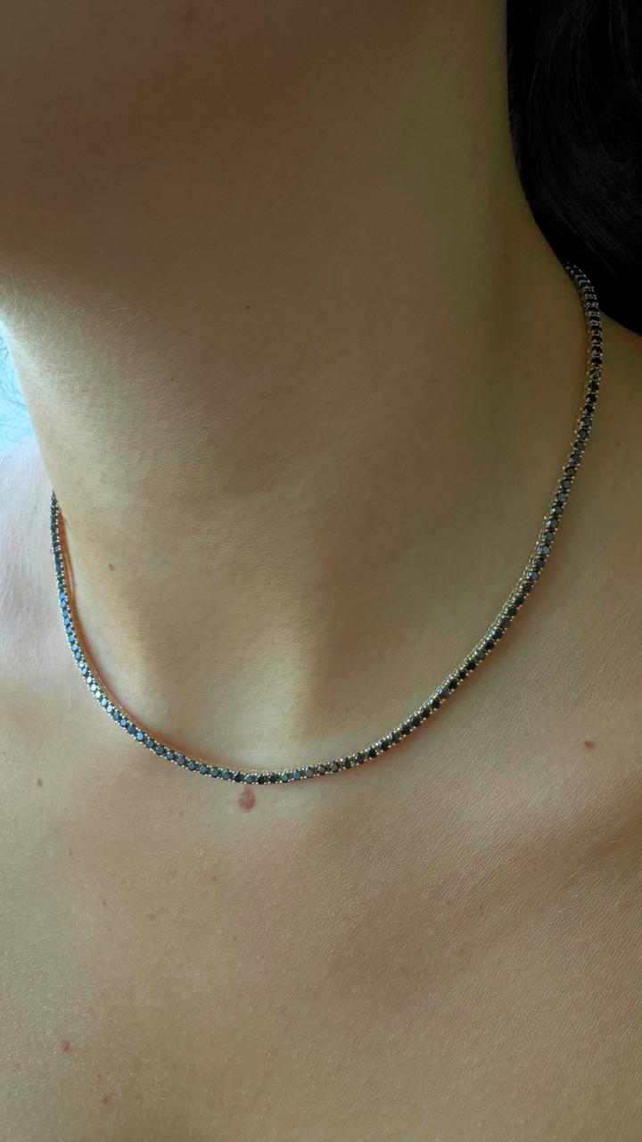 Black Diamond Tennis Necklace 4-Prong-14K Gold, On Neck