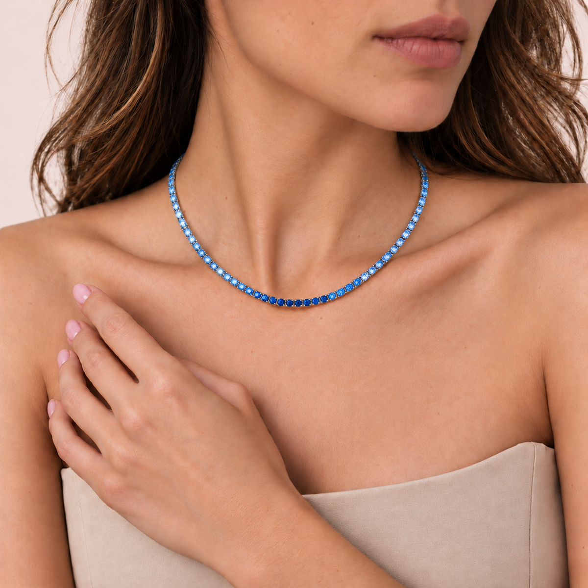 Natural Ombre Blue Sapphire Tennis Necklace Solid Gold lifestyle white 2