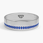 Men's Blue Sapphire Natural Diamond Pave Edge Wedding Band  WG