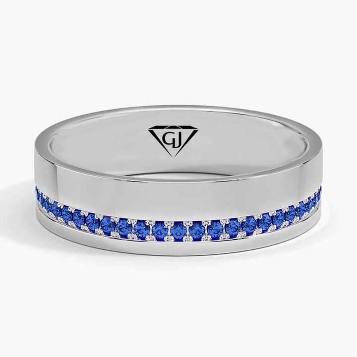 Men's Blue Sapphire Natural Diamond Pave Edge Wedding Band  WG