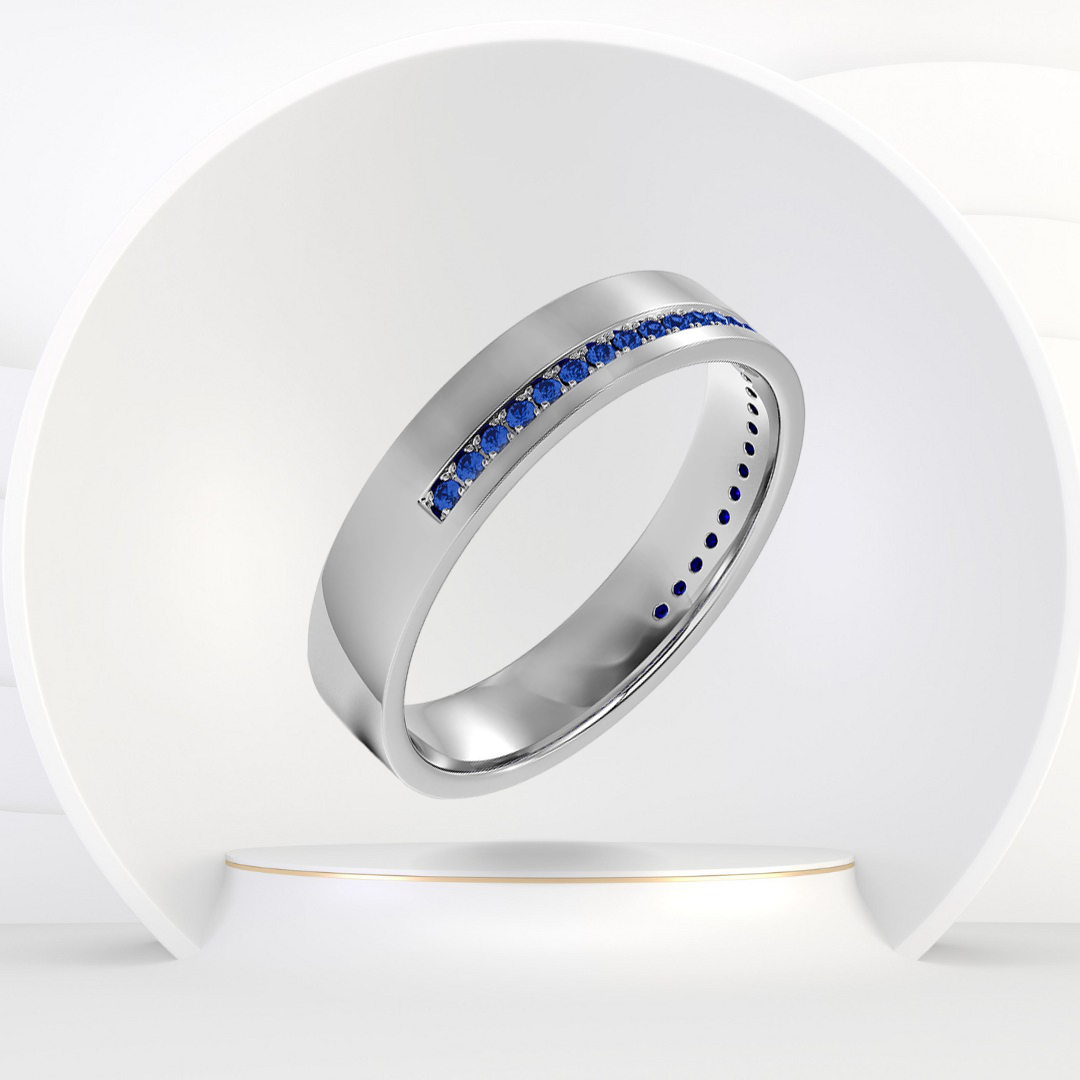 Men's Blue Sapphire Natural Diamond Pave Edge Wedding Band