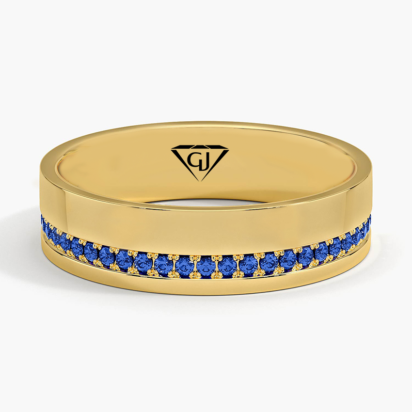 Men's Blue Sapphire Natural Diamond Pave Edge Wedding Band  YG 2