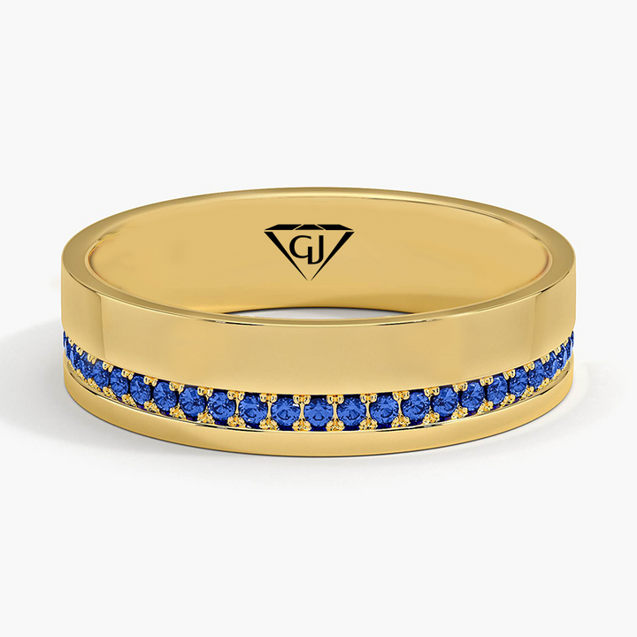 Men's Blue Sapphire Natural Diamond Pave Edge Wedding Band  YG 2
