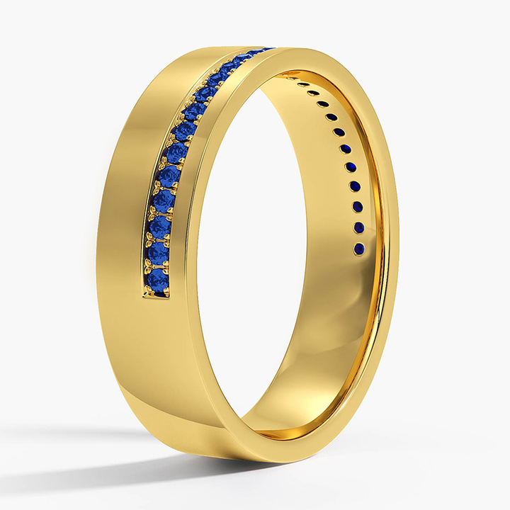 Men's Blue Sapphire Natural Diamond Pave Edge Wedding Band  YG 