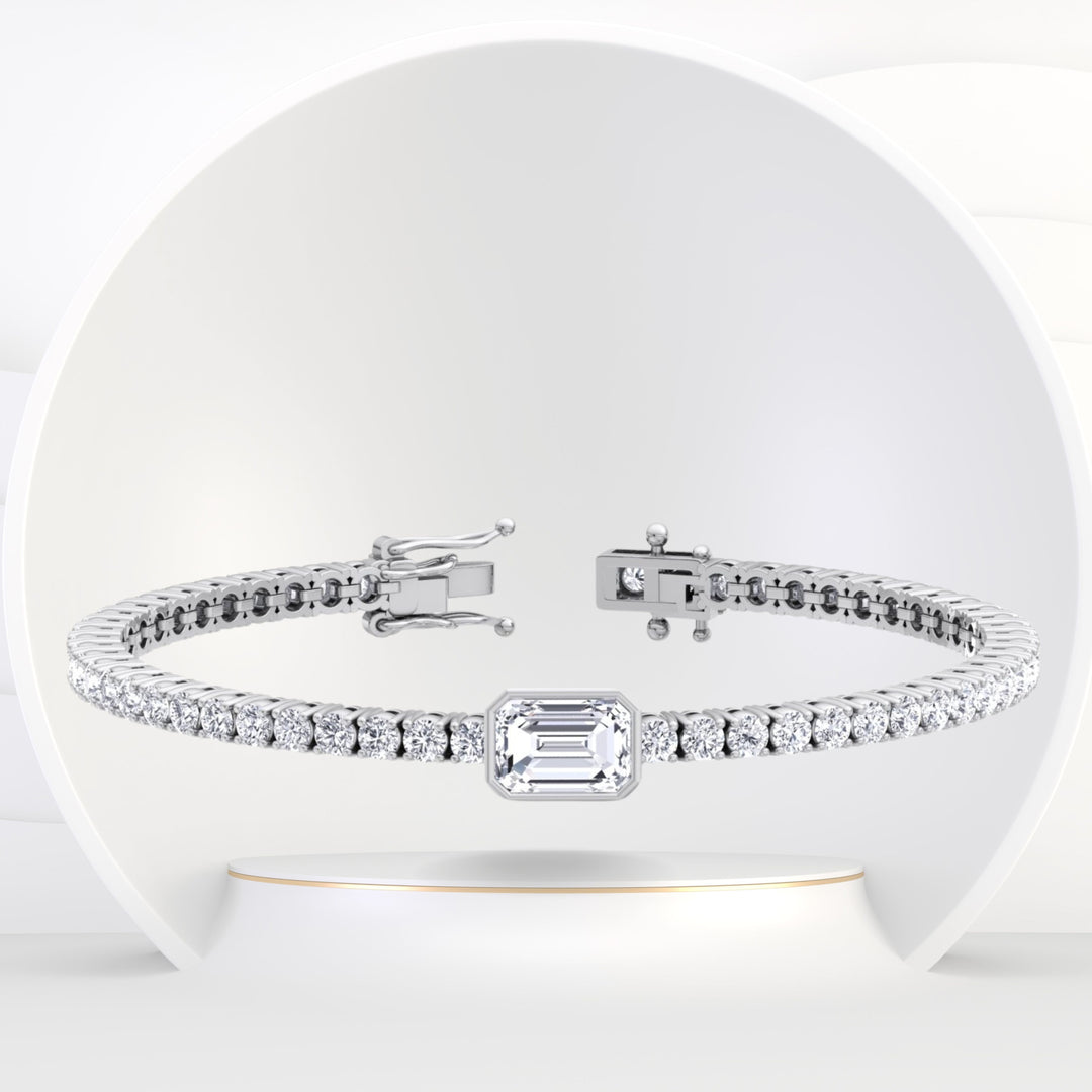 Athena - 7CT T.W Single Stone Emerald Shape Bezel Natural Diamond Tennis Bracelet - Gem Jewelers Co