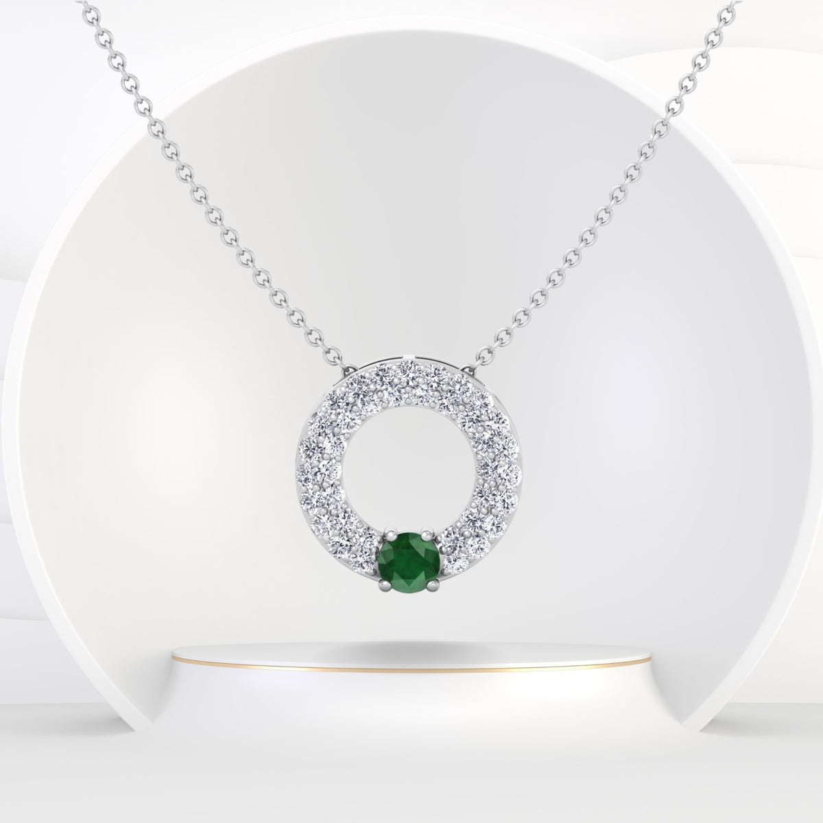 Round Shape Natural Diamond & Green Emerald Open Circle Pendant