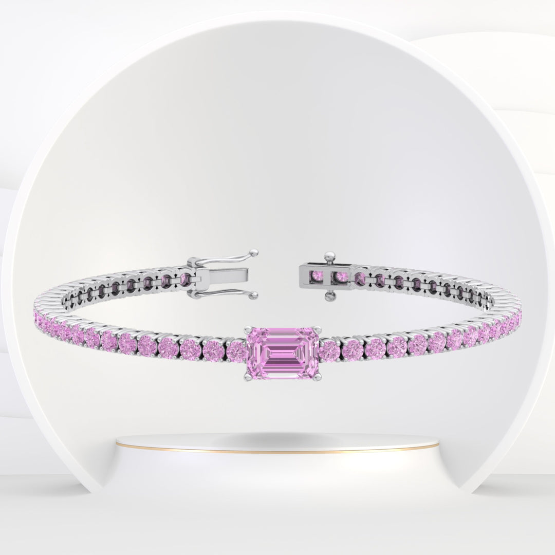Pierra - Single Stone Emerald Shape Natural Pink Sapphire Tennis Bracelet - Gem Jewelers Co